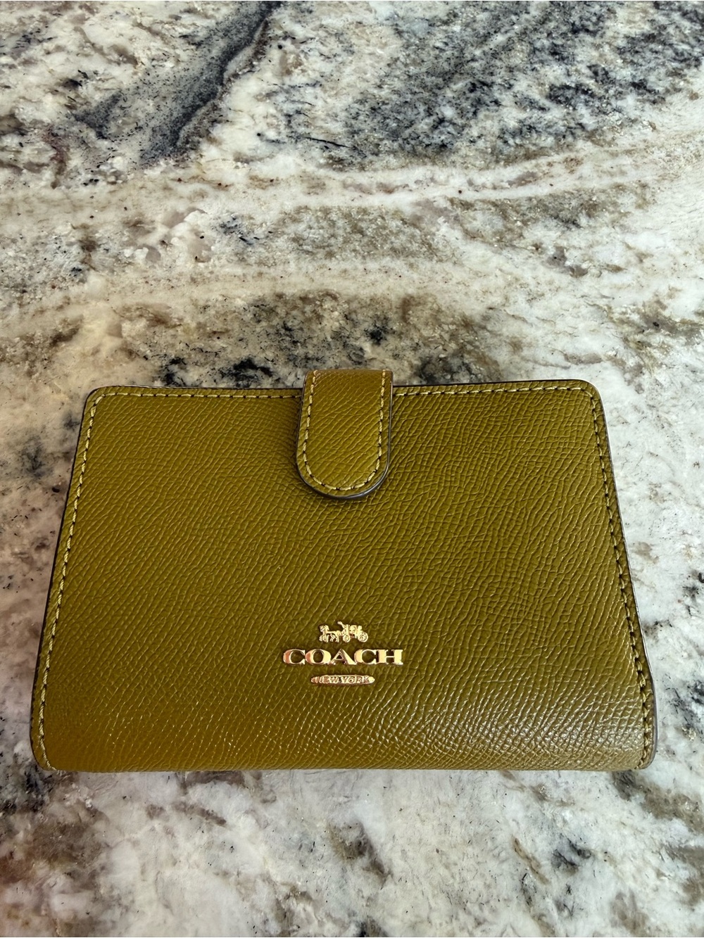 Coach Olive Green Saffiano Leather Snap Wallet with Gold Logo